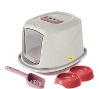 CAT CENTRE Medium Kitten Hooded Litter Tray, Pink, Bowls & Carbon Filter | Kitten starter set, hooded litter box with carry handle, 2 feeding bowls, toilet training kit, loo