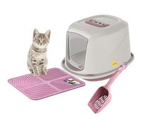 CAT CENTRE Medium Pink Hooded Kitten Litter Tray +Waste Scoop +Tray Mat Set Carbon Filter Small Cat Toilet Pet Box Loo Pan Starter Pack Portable Swing Flap Door Carry Handle Galaxy Easy Cleaning