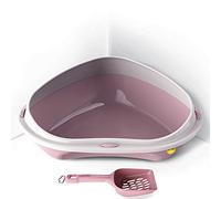 CAT CENTRE Pink Jumbo Corner Cat Open Litter Tray With Scoop Bundle Kitten Pet Toilet Plastic Loo Pan Box Anti-Spillage Lowered Entry Step Rounded Corners Detachable Rim Easy Cleaning No Spilling