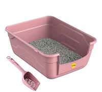 CAT CENTRE Pink Large Cat Kitten Litter Tray Box + Waste Scoop Set High Sided Deep Toilet Loo Adult Cats Kitten Pan Pet Loo Easy Cleaning Lowered Entry Step 11.5cm Easy Access Elderly Cat Trays