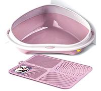 CAT CENTRE Pink Large Corner Cat Litter Tray + Pink Nonslip Mat Set Box Loo Toilet Kitten Pad