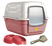 CAT CENTRE Pink Large Hooded Cat Litter Tray & Gusto Bowls Bundle