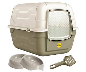 Cat Centre Rotator Large Cat Litter Tray with 2 x 0.35 l Bowls Grey | Enclosed Cat Litter Box for Kittens and Small Dogs, with Activated Charcoal Filter for Odour Control and Scoop Included