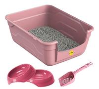 Cat Centre Roto Large Open Cat Litter Tray with 2 Bowls and Scoop Pink L | Low-entry Cat Litter Box for Kittens and Larger Cats, 38.5 cm wide with 20.5 cm sides and 11.5 cm step for Easier Access