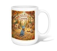 Cat Ceramic Coffee Mug, Autumn Camping Tent Fire Autumn Orange Novelty Office Drinking Cup with Handle Ideal for Friendship Family Colleague Staff Sweetheart Teachers 15 Oz
