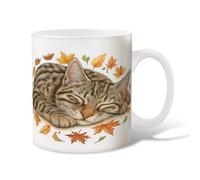 Cat Ceramic Coffee Mug, Autumn Cozy Leaves Autumn Fall Brown Novelty Work Drinking Mugs with Handle Gift for Friends Family Co-Worker Lovers Eldership Senior 11 Oz