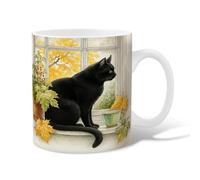 Cat Ceramic Coffee Mug, Autumn Cozy Window Leaves Fall Black Novelty Tea Mug with Handle Gift for Friends Family Coworkers Teachers Couples Employees 11 Oz