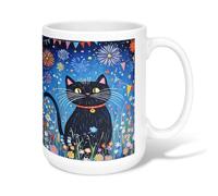 Cat Ceramic Coffee Mug, Fanciful Colorful Flowers Stars Celebration Blue Novelty Tea Mug with Handle Ideal for Friends Family Co-Worker Lovers Eldership Senior 15 Oz