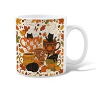 Cat Ceramic Coffee Mug, Fanciful Cozy Pumpkins Autumn Leaves Fall Orange Novelty Office Drinking Cup with Handle Ideal for Friends Family Coworkers Teachers Couples Employees 11 Oz