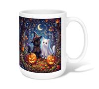 Cat Ceramic Coffee Mug, Fanciful Festive Pumpkins Ghost Halloween Orange Novelty Office Drinking Cup with Handle Ideal for Friends Family Lovers Eldership Senior Co-worker 15 Oz
