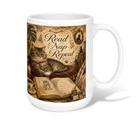 Cat Ceramic Coffee Mug, Vintage Rustic Book Candle Fall Brown Novelty Office Drinking Cup with Handle Ideal for Friendship Family Colleague Teachers Sweetheart Staff 15 Oz