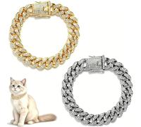Cat Chain Collar, 2 Pcs Diamond Cuban Link Metal Chain Collar with Secure Buckle ，Adjustable Rhinestone Pet Necklace Jewelry Accessory for Kittens, Puppies (30cm)