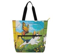 Cat Chasing A Colorful Butterfly Books Tote Bags for Kids Students Adults, Gothic Water-resistant Teacher Tote Bags Handbags with Inner Pockets for School Shopping Beach Rainbow school