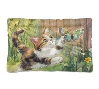 Cat Chasing A Colorful Butterfly Washable Pet Sleeping Mat Non-Slip Soft Comfortable Kennel Pad for Large Jumbo Medium Small Dogs 36" x 24"