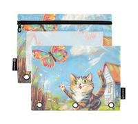 Cat Chasing Butterfly Home Management Binder with Clear Window Pencil pouching Clear Window & Grommets Pencil case 3 Ringing for Storing School Office Supplies Multicolored 2 PCS