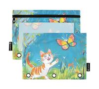 Cat Chasing Butterfly in The Yard case for Binder with Clear Window Plastic Pencil case Large and Sturdy 3 Ringing Binder folders for Classroom School Office Supplies Multicolored 2 PCS