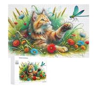 Cat Chasing Dragonfly in Garden Jigsaw Puzzle for Adults And Families, 1000 PCS, A Creative Way to Unwind after A Busy Day, for Cosy Nights