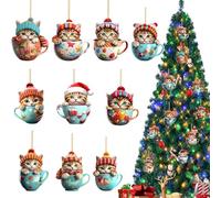 Cat Christmas Tree Decorations 10 PCS SET | 10 DESIGNS Cup Cat Christmas Ornament | 3.14" 2D Acrylic Flat Cat Baubles with Lanyard for Hanging on Christmas Tree, Door, Walls, Car