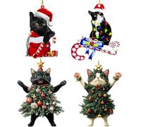 Cat Christmas Tree Decorations, 4Pcs Black of Friday Cat Christmas Tree Ornaments, 2D Acrylic Xmas Stocking Fillers New Year Hanging Ornaments, Cute Black White Cats Xmas Decorations