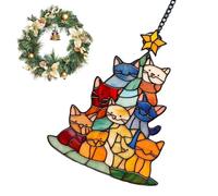 Cat Christmas Tree Decorations,Acrylic 2d Flat Cat Ornament Suncatcher | Colorful Hangable Sun Catcher for Outdoor Indoor Home Lawn Patio Garden Balconies Yard Porch Kitchen