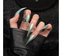 Cat Claw Press on Nails - Aurora Green Colors Long Curved Stiletto Handmade Animals Style Unique Reusable Fake Nails Thick Acrylic False Nail Cat Claw Glossy Glue on Nail (S)