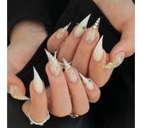 Cat Claw Press on Nails - Halloween Vampire Witch Stiletto Curve False Nail Gothic Cute Thick Acrylic Dragon Press on Nails Cat Eagle Claw Glossy Glue on Nail (White Sheer Lace,S)