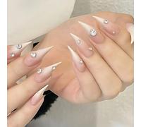 Cat Claw Press on Nails - Halloween Vampire Witch Stiletto Curve False Nail Gothic Cute Thick Acrylic Dragon Press on Nails Cat Eagle Claw Glossy Glue on Nail (Pink White Gradient Rhinestones,S)