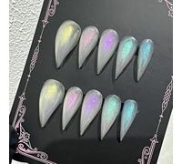 Cat Claw Press on Nails Short Stiletto Aurora Colors Halloween Gothic Purple Animals Style Reusable Thick Acrylic Cat Dragon Eagle Claw False Nail with Designs Glossy Glue on Nail (M)