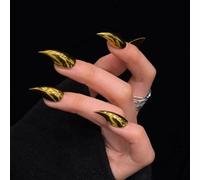 Cat Claw Press on Nails - Short Stiletto Gold Halloween Gothic Animals Style Reusable Thick Acrylic Cat Dragon Eagle Claw False Nail with Designs Glossy Glue on Nail (L)