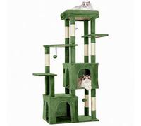 Cat Climbing Tree, 150cm Cat Tower for Indoor Cats Large Cats, Multi-Level Cat Climbing Tower, 7 Sisal Scratching Posts, 2 Spacious Cage, 2 Suspended Ball, 4 Top Perches, Green