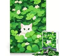 Cat Clover Patch Jigsaw Puzzle for Teenagers 1000 Pieces Mind Power Gentle Pastime Uniform Edges Memorable Gift (50x75cm)