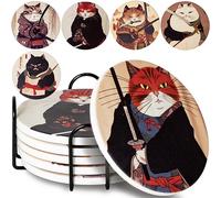 Cat Coasters Ninja Edition - Anime Cat Decor - Set of 6 Drink Coasters with Holder