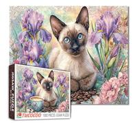 Cat Coffee Challenging Jigsaw Puzzle for Adults 1000 Piece Iris L. Floral Siamese Kitten with Blue Eyes in Garden Scene Relaxing Puzzles for Women Men Family Game Night Puzzle Gift for Cat Lovers
