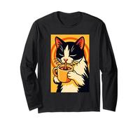 Cat Coffee Lover, Cute Black and White Kitty Drinking Coffe Long Sleeve T-Shirt