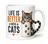 Cat Coffee Mug, White Ceramic, 'Life is Better with Cats' Print, Paw Print Design, Cat Lover Gift