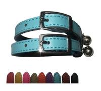 Cat Collar 2 pack set Real Leather Elasicated Safety Elastic bell, Pair Choose colours (Blue and Blue)