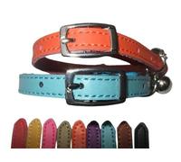 Cat Collar 2 pack set Real Leather Elasicated Safety Elastic bell, Pair Choose colours(Orange and Blue)