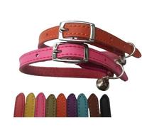 Cat Collar 2 pack set Real Leather Elasicated Safety Elastic bell, Pair Choose colours (Pink and Orange)
