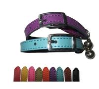 Cat Collar 2 pack set Real Leather Elasicated Safety Elastic bell, Pair Choose colours (Purple and Blue)