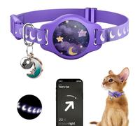 Cat Collar with Airtag Holder, Breakaway Airtag Cat Collar for Apple Air Tag with Luminous & Reflective Pattern, Waterproof GPS Cat Tracker Collars for Boy Girl Cats Kittens with Bell, Purple (6-12")