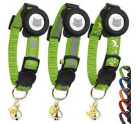 Cat Collar with AirTag Holders, 3-Pack, Reflective Breakaway Safety Collars, Bells and Matching Charms, Adjustable, Paw Hearts, Moon Stars Design, Lucky Charm, Red, Blue, Black (Green)