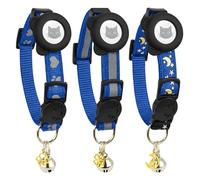 Cat Collar with AirTag Holders, 3-Pack, Reflective Breakaway Safety Collars, Bells and Matching Charms, Adjustable, Paw Hearts, Moon Stars Design, Lucky Charm, Blue
