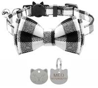 Cat Collar with Bell and Bow Tie, Quick Release Safety Buckle Collars for Kitten and Cats, Soft Tartan Design - With Personalised Engraved Silver Cat Face ID Tag (Black & White)