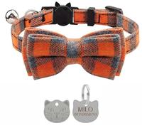 Cat Collar with Bell and Bow Tie, Quick Release Safety Buckle Collars for Kitten and Cats, Soft Tartan Design - With Personalised Engraved Silver Cat Face ID Tag (Orange)
