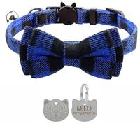 Cat Collar with Bell and Bow Tie, Quick Release Safety Buckle Collars for Kitten and Cats, Soft Tartan Design - With Personalised Engraved Silver Cat Face ID Tag (Blue & Black)