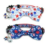 Cat Collar with Bow Tie and Bell, 2 Pack Star Pattern Independence Day Patriotic USA Flag Collars for Boys Girls Male Female Cats