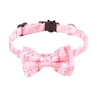 Cat Collar with Bow Tie & Bell, Adjustable Breakaway Safety Buckle, Premium Cotton Fabric, Heart Pattern Design for Kitten & Small Cats, Cute Removable Bowtie, Comfort Fit with Bell Charm (Pink heart)