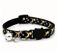Cat Collar with Moon and Stars Pattern, Bell Charm, Adjustable Safety Buckle (Black - Moon and Stars)