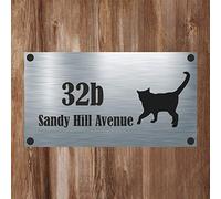 Cat Collection - Black Cat Silhouette 1 Aluminium House Sign Personalised With Your House Name/Number & Street Name