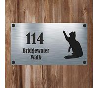 Cat Collection - Black Cat Silhouette 2 Aluminium House Sign Personalised With Your House Name/Number & Street Name